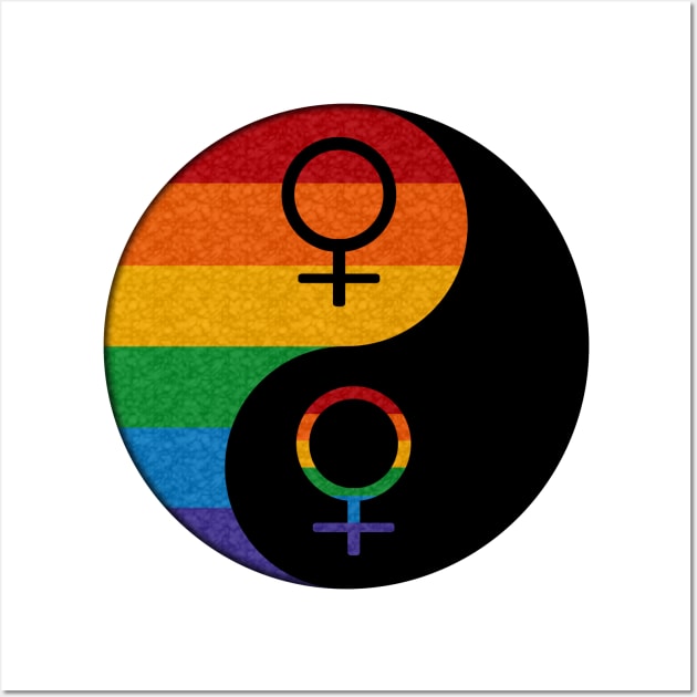 Rainbow Colored Lesbian Pride Yin and Yang with Female Gender Symbols Wall Art by LiveLoudGraphics